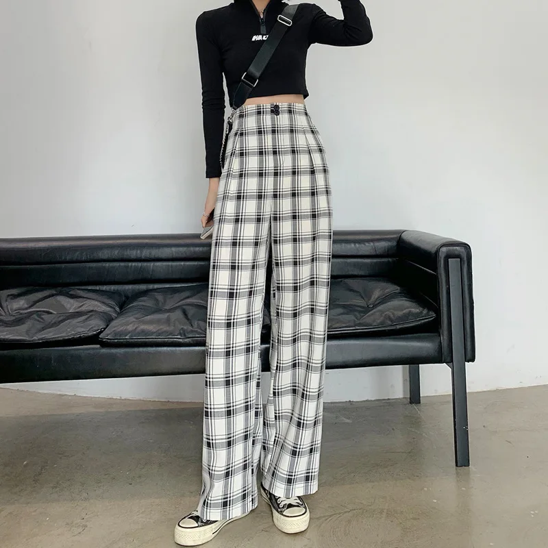

Women's Plaid Wide Leg Pants High Waist Fashion Loose Casual Pants 2021 Summer Harajuku Sports Pants Elegant Office Women