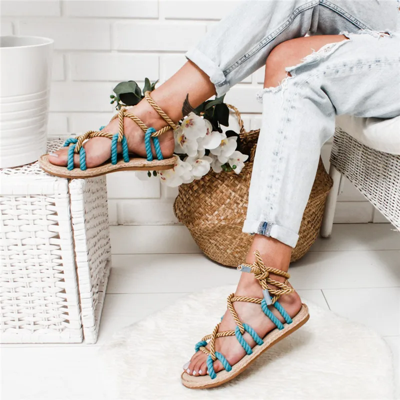 

Summer Women Sandals Lace Up 2020 New Fashion Hemp Rope Rome Ladies Sandals Casuals Gladiator Cross tied Sandal