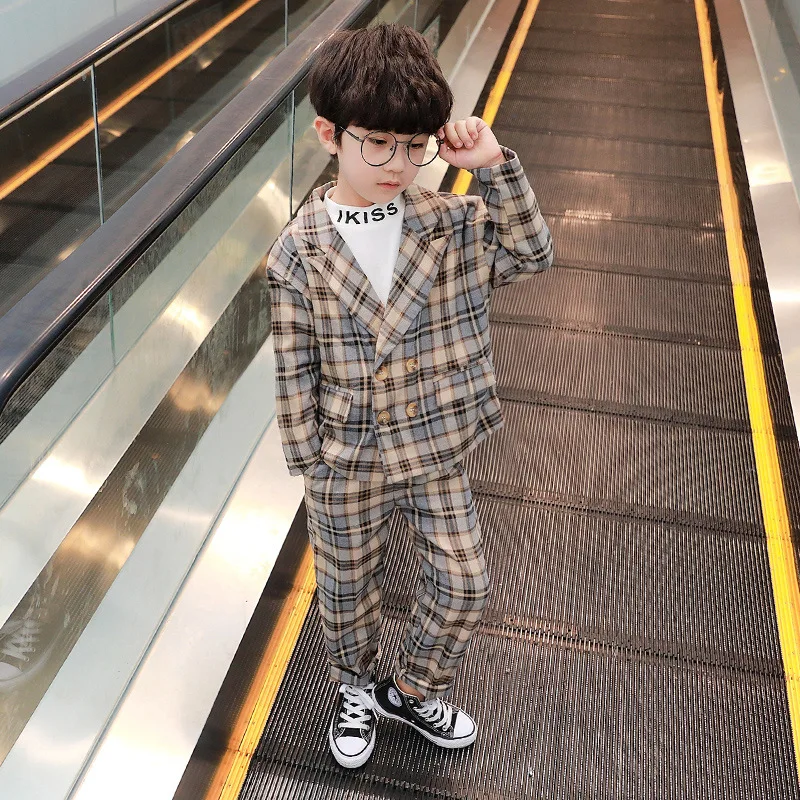 

2020 Spring Autumn Boys Casual Handsome Plaid Brown Suit Set