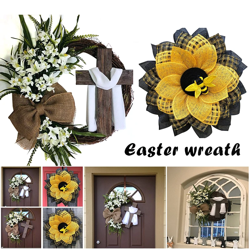 

Easter Wreath With Cross Burlap Bow Rustic Grapevine Wreath Spring Decorating DIY Easter Front Door Wreath Decoration IN