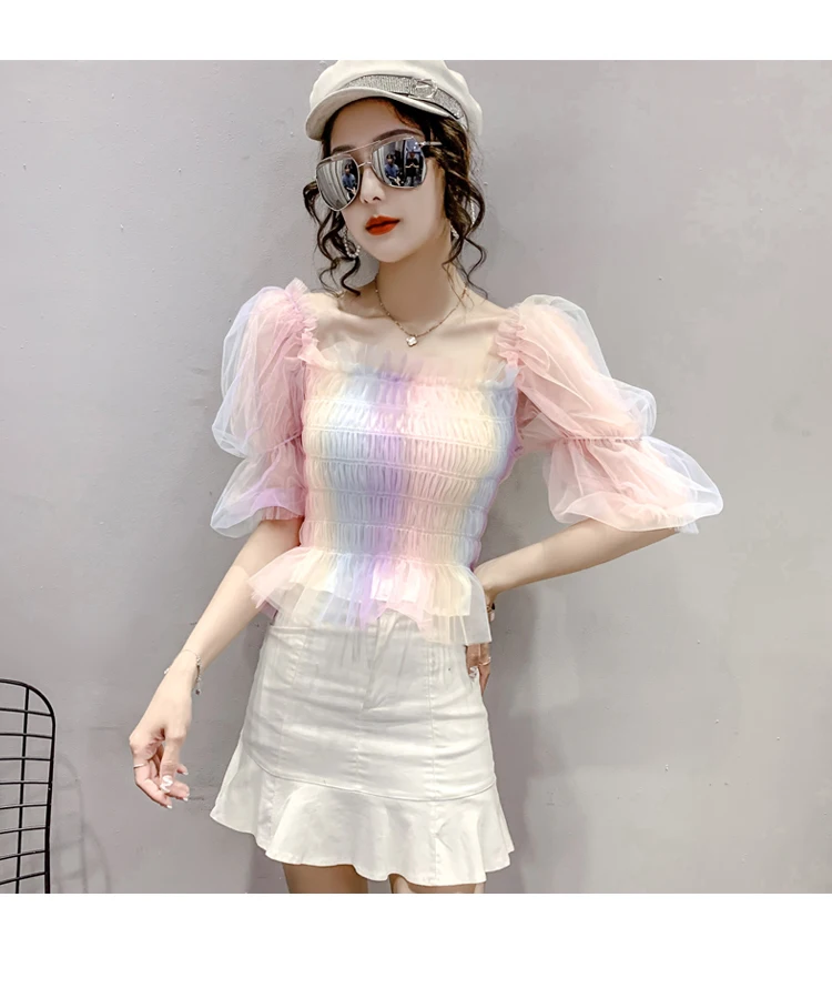 

Summer Sweet Rainbow Mesh Chiffon Shirt Women Fashion One Shoulder Square Neck Short Chiffon Small Shirt Top Gradient T-shirt