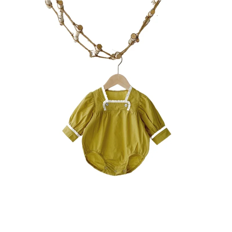 

2021 Spring New Girls Bodysuit Baby Lace Small Square Neck Long Sleeve Bag Fart Clothes Infant Triangle Bodysuit