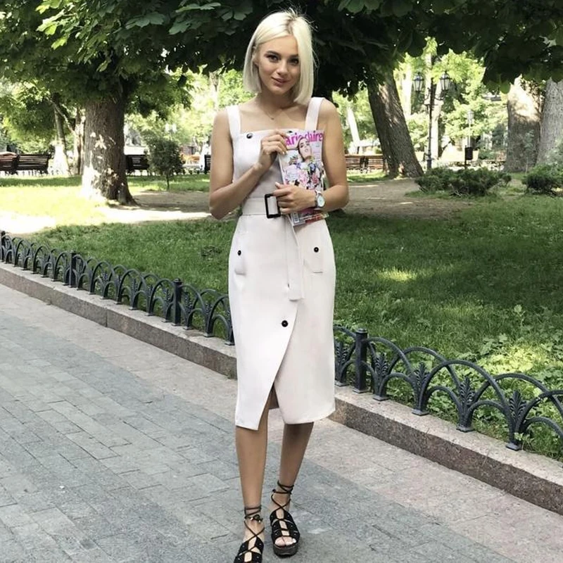 

Women Office Lady Spaghetti Strap Sashes Sheath Dress Square Collar Sleeveless Side Button Elegant Dress 2021 New Women Dress