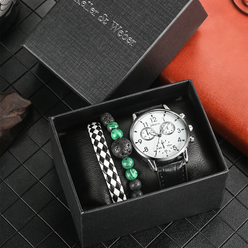 

Keller & Weber Quartz Watch Bracelet Sets Birthday Gifts Son Husband Fashion Beaded Leather Rope Bracelets Men's Watch Box Set