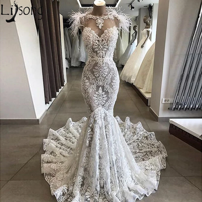 

Exquisit Lace Mermaid Wedding Dress 2020 Luxury Pearls Sheer Neck Backless Cap Sleeves Wedding Bridal Dresses vestido de noiva