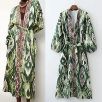 za 2021 green printed kimono long dresses women casual puff long sleeve summer dress traditional wrap kimonos belt woman dress