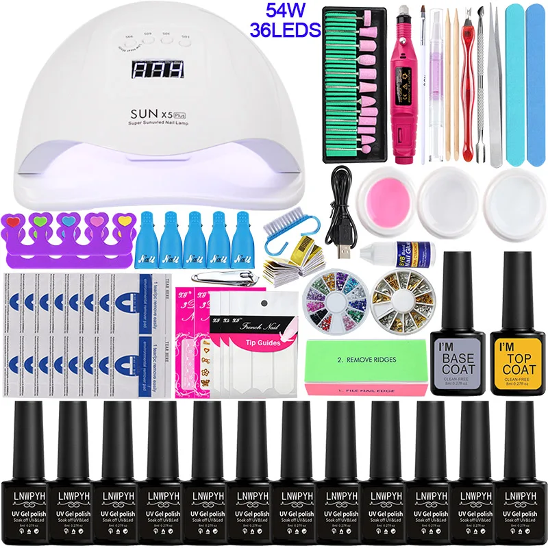 54W choose 12 color Лак для ногтей Set54/24 Вт УФ светодиодный светильник Сушилка с выбираете 14/12 Цветов Гель-лак для ногтей комплект био-Гели Soak Off маникюр сверлильный станок набор инструментов для ногтей - Цвет: 54W choose 12 color