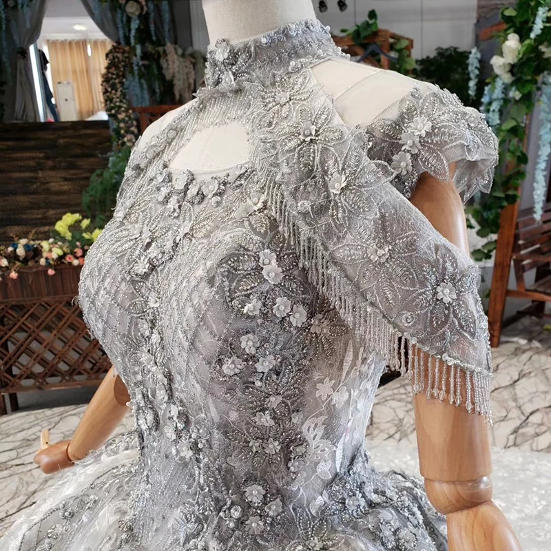 HTL801 elegant evening dress long 2020 beading appliques flowers boat neck gown with shoulder chain sukienka wieczorowa | Свадьбы и