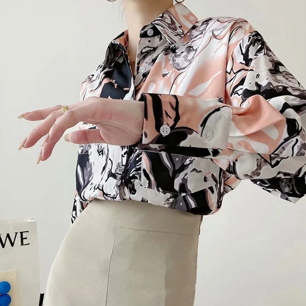 

2021 Summer New Design Single Breasted Long Sleeve Lapel Collar Printed Cardigan Shirt Women