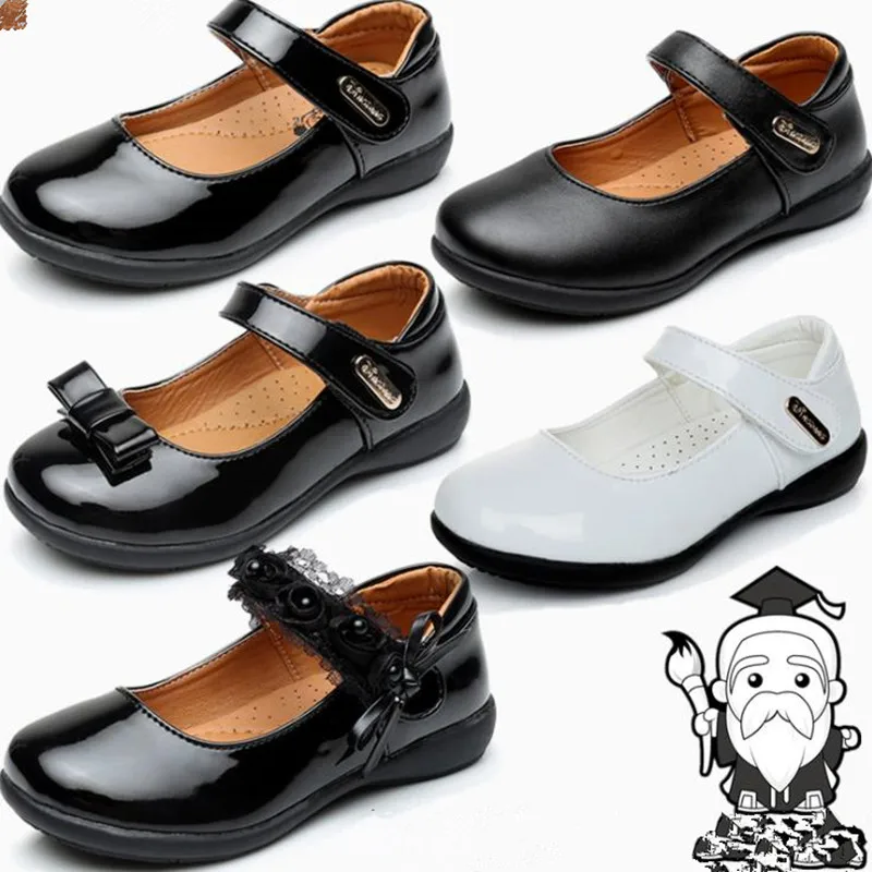 

JY Children's Leather Girls Shoes Princess Black White Bows Student School Etiquette Performance 26-40