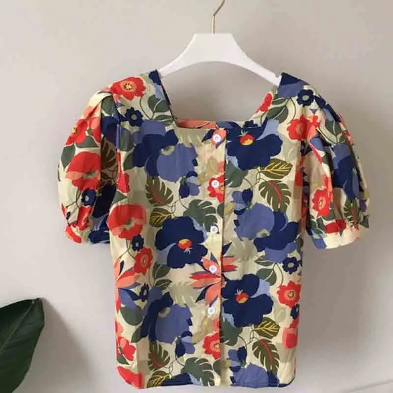 

Korean elegant Summer Lantern sleeve Hot selling women blouse vintage sweet fashion casual ladies print square collar Shirts top