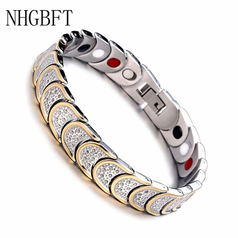 

NHGBFT Classic Gold Color Health Energy Germanium Magnetic Bracelet For Mens Stainless Steel Bracelets Male Jewelry