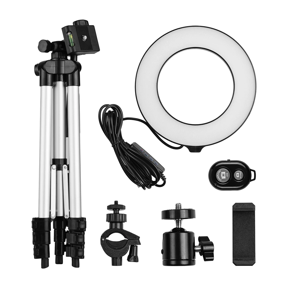 

6.3inch 2700K~6500K Bi-color Dimmable USB Ring Video Light +110cm Portable Tabletop Tripod+Single-Phone Holder+BT Remote Control