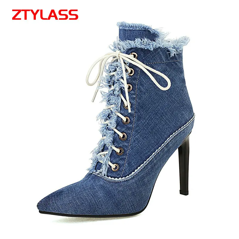 

2021 New Deinm Ankle Boots Spring Autumn Women Boots Sexy Thin High Heel Booties Pointed Toe Zipper Woman Boots Shoes