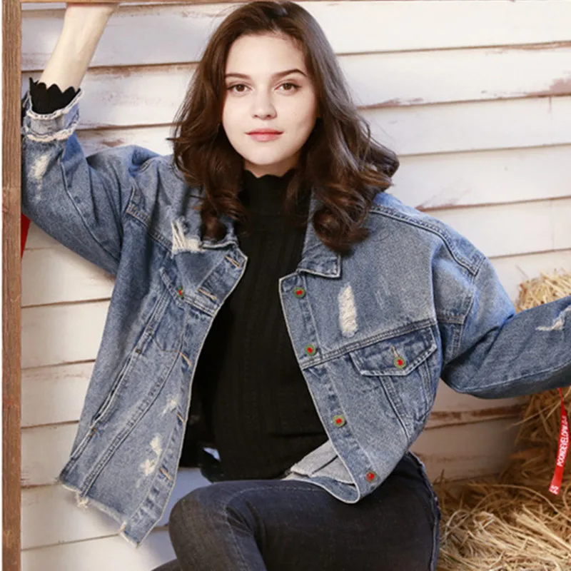 

Sequin letter women's denim jacket rabbit print outwear denim coat women new oversized streetwear hole jean jacket spring autumn