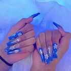 Съемные сверхдлинные гвозди, накладные ногти, Синие Бриллианты, цветы, балерина, носимые накладные ногти с клеем, накладные ногти с полным покрытием, 24 шт.