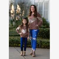 Spring Autumn New Mom and Daughter T Shirts Long Sleeve O-neck Sequins Patchwork Tops Mother Daughter Family Matching Outfits