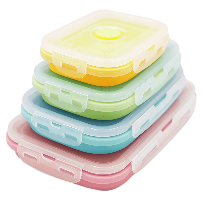 

Folding Collapsible Silicone Food Storage Container Portable Bento Lunch Box Microware For Salad Dinner With Leakproof PP Lids