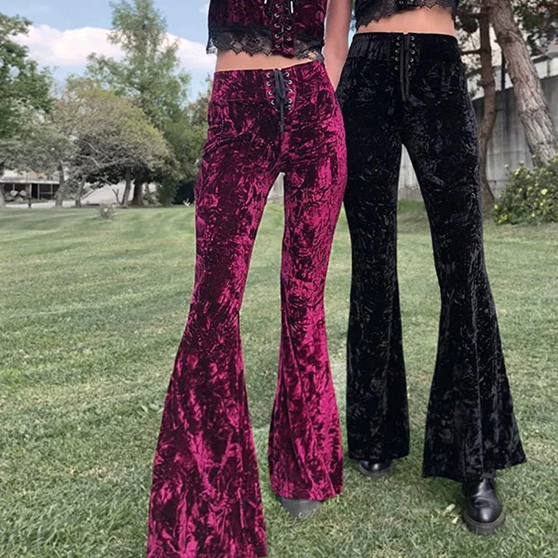 

Goth Flare Pants Harajuku High Waist Bandage Pants Vintage Aesthetic Velvet Women Trousers Streetwear Pants