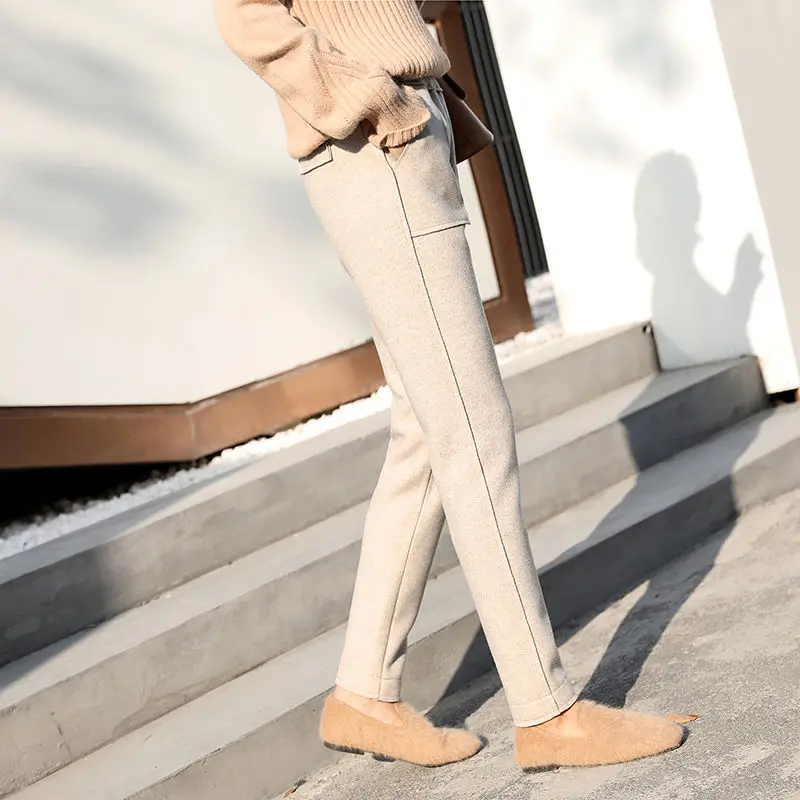 beige no velvet Зимние женские штаны с высокой талией, бархатные утепленные шерстяные шаровары, элегантные офисные шерстяные теплые штаны, женские длинные брюки C5988 - Цвет: beige no velvet