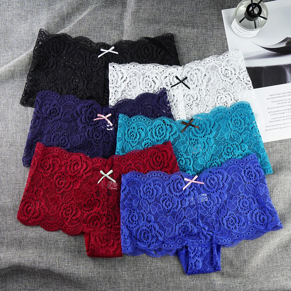 6pcs/lot S-4XL Plus Size Women Boyshort Sexy Low Waist Full Lace Briefs Ladies Boxers Super Thin Underwear