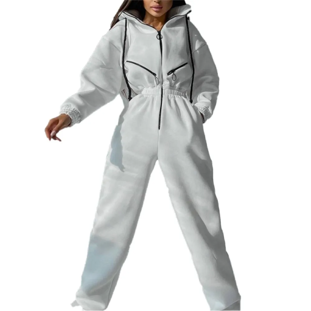 

Женский спортивный комбинезон с капюшоном, однотонный слитный комбинезон с длинным рукавом, модная уличная одежда, повседневные длинные брюки