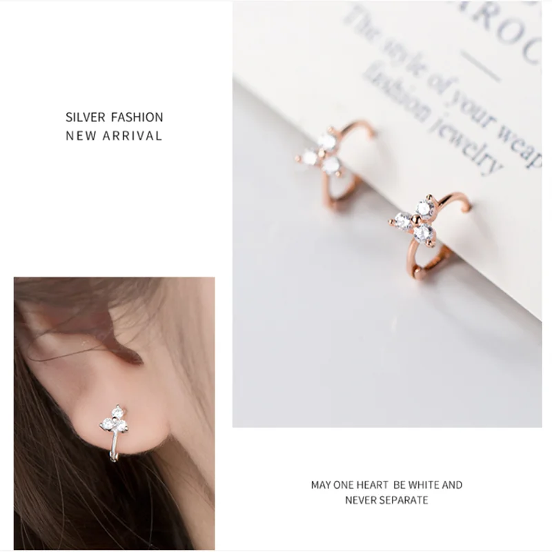 

A00349 Real 925 Sterling Silver Trefoil Ear Buckle White Zircon Round Stud Earrings for Fashion Women Wholesale