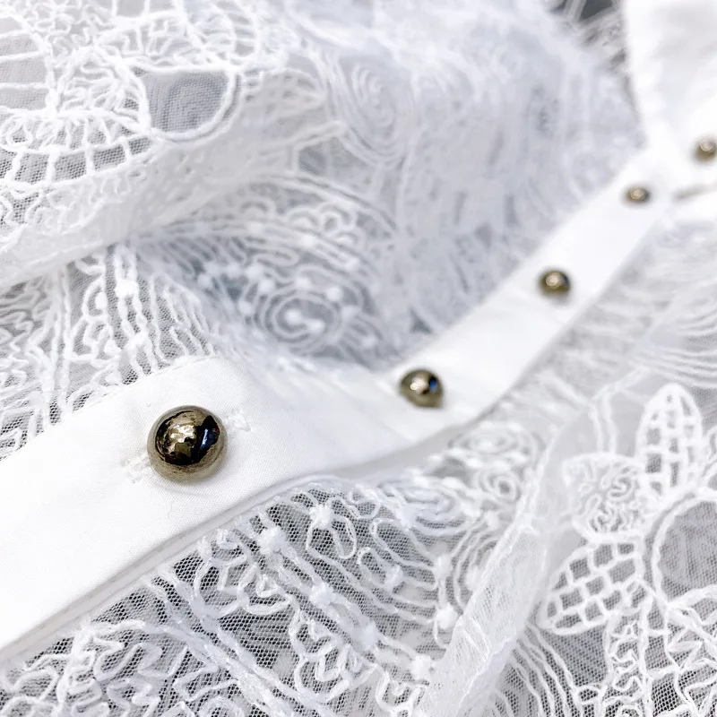 

Sweet Embroidery Floral Pattern Solid Color Hollow Out Lace Shirt Top Women Stand Collar Lantern Sleeve Spliced Blouse