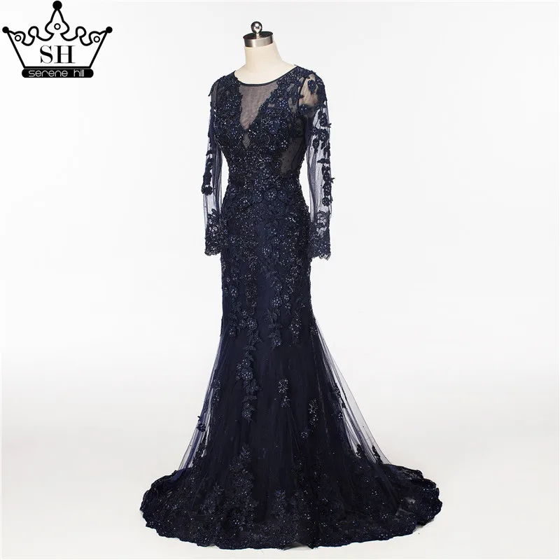 Темно-синие вечерние платья из тюля с длинными рукавами и русалочкой элегантное