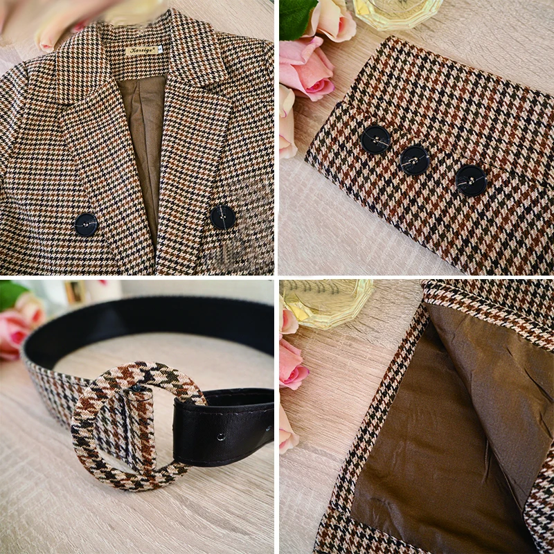 

Korean Plaid Women Work Blazer Jacket Casual Double-breasted Sashes Suit Jacket Female 2021 Slim Female Blazer Outwear