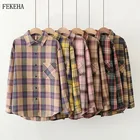 Клетчатые рубашки, Женский Топ и блузки с длинным рукавом, оверсайз, Хлопковые женские повседневные блузы, Свободная Женская рубашка в клетку с одним карманом, 2022