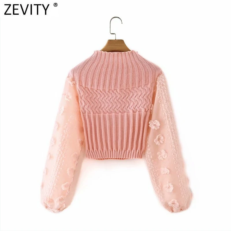 Zevity 2021 New Women Fashion Appliques Chiffon Lantern Sleeve Patchwork Short Knitting Sweater Ladies Chic Pullovers Tops S631