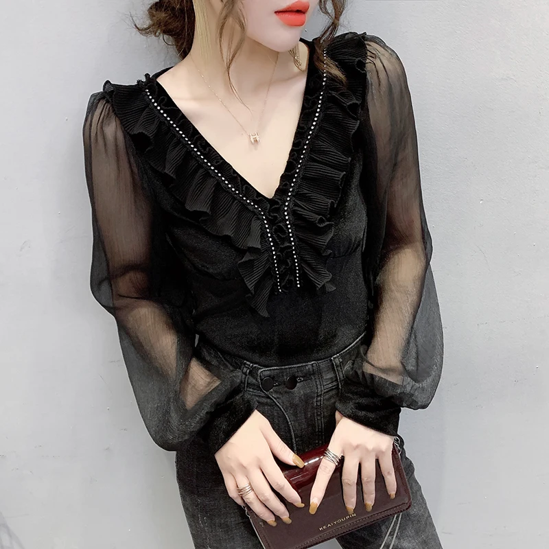 

Женская футболка с оборками #5587, черная Просвечивающая Базовая футболка стрейч с V-образным вырезом и длинными рукавами, в Корейском стиле