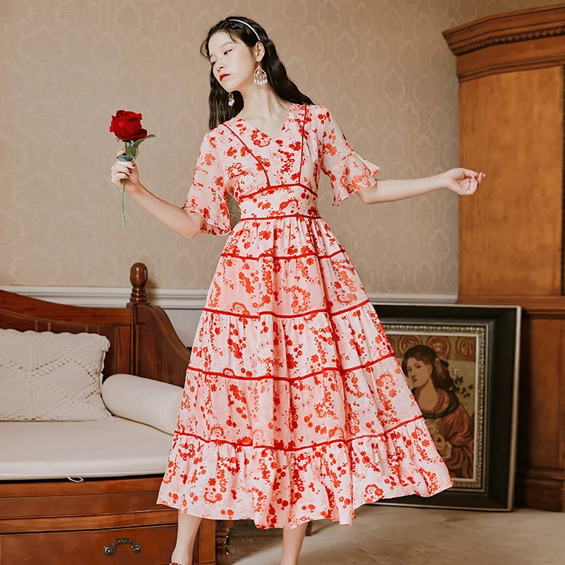 

Женское винтажное вечернее платье, красное платье с V-образным вырезом и расширяющимся книзу рукавом, сексуальное платье на лето
