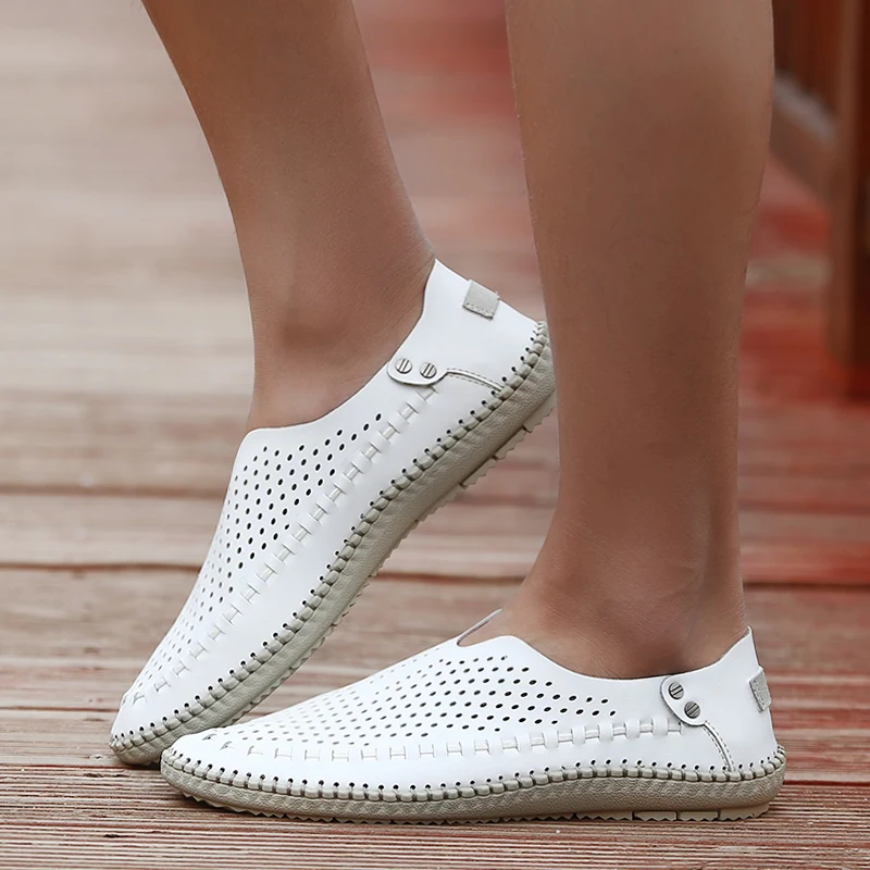 

Summer Men Genuine Leather Air Hollow Out Shoes Daily Big Size Breathable Sandals White Slip-on Driving Minimalist Shoes for Men
