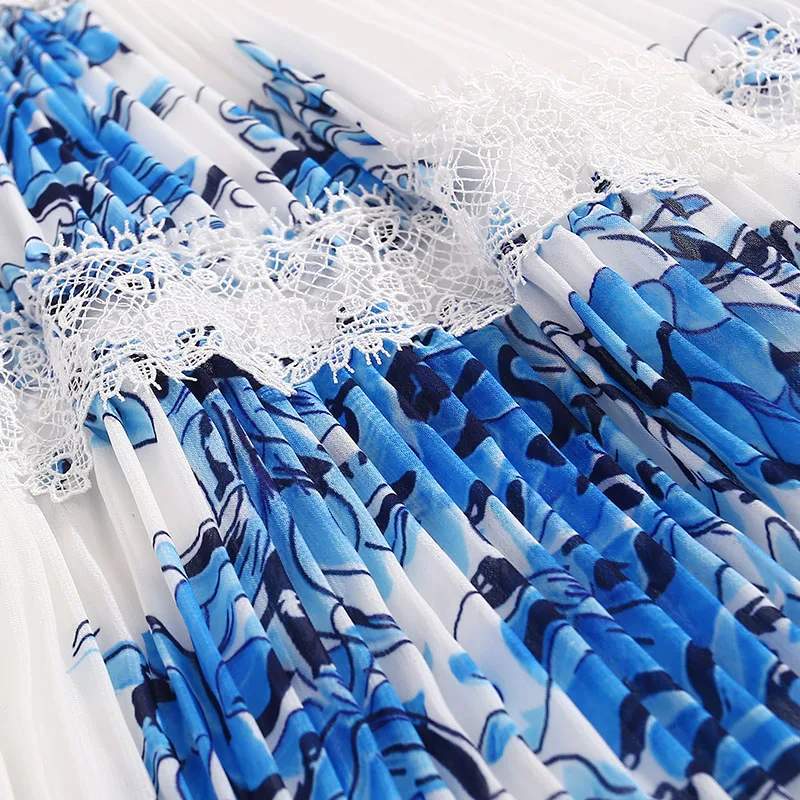 

Spring Summer Women's Dress Blue Floral Print Stitching Lace Short-Sleeved Holiday Elegant Mid-Length Dress Vestidos