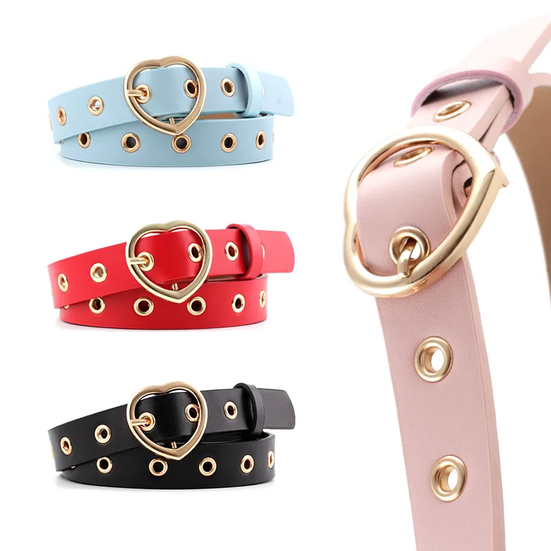 

Women PU Leather Belts Hollow Out Jeans Trousers Waistband Punk Eyelet Grommet Heart Buckle Gold Heart Buckle Waistbelts Vintage