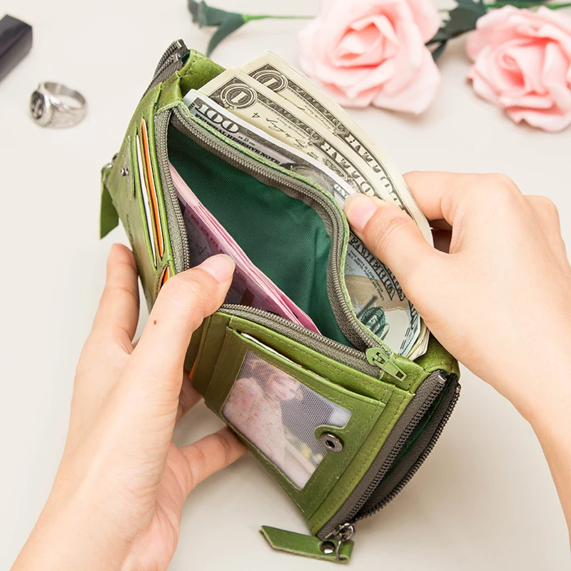 Contact's Womens Leather Wallet Small Bifold Compact Credit Card Case Purse for Ladies with Zipper Pocket Genuine Leather Wallet