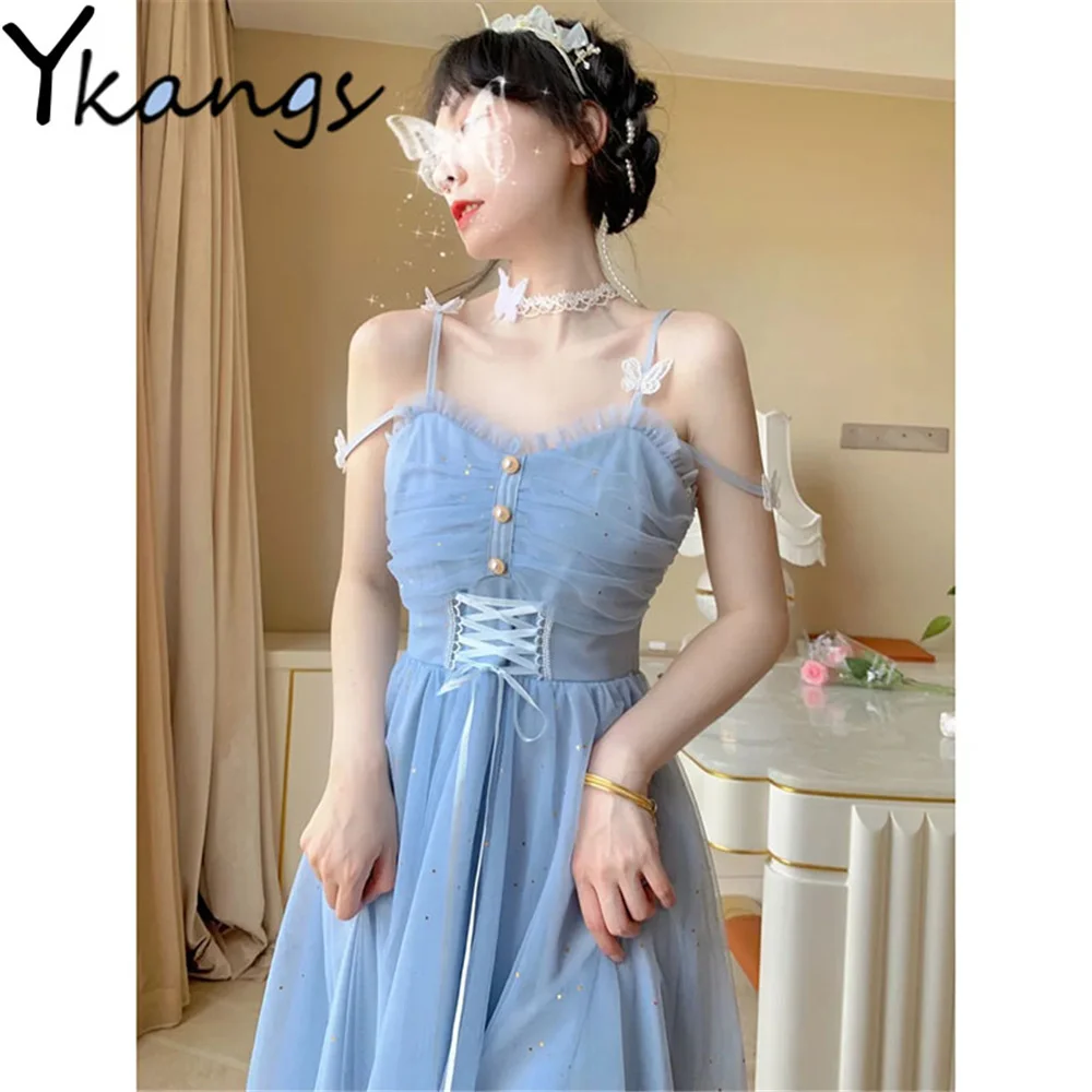 

Женское платье на бретельках, синее блестящее Сетчатое платье с V-образным вырезом и жемчужинами, облегающая вечерние в Корейском стиле