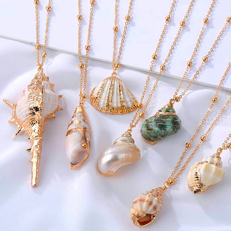 

Женское ожерелье с подвеской-ракушкой, с золотыми бусинами