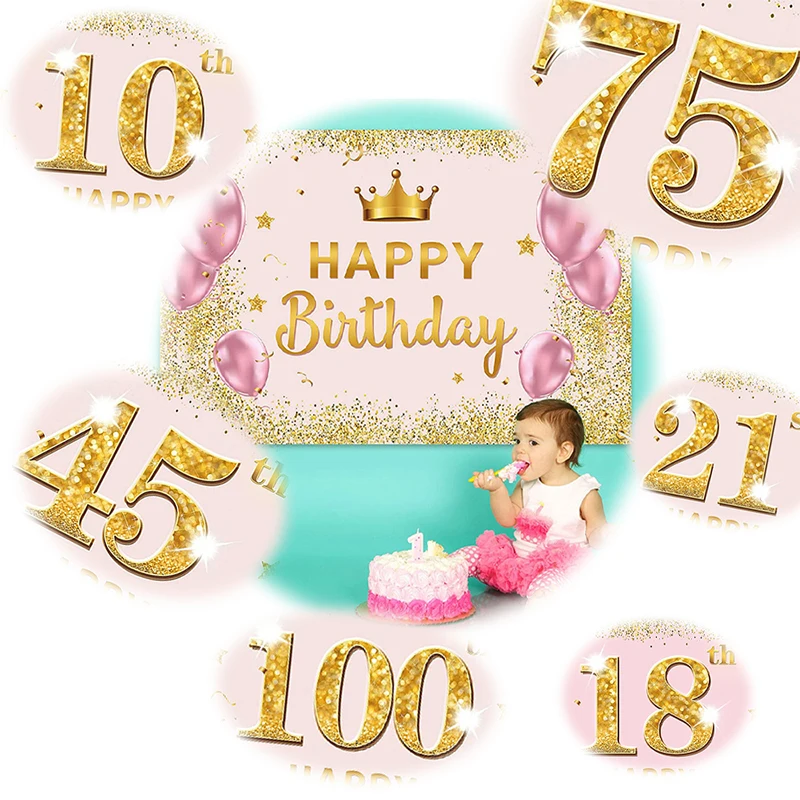 

10th 15th 21th 16th 18th 13th Happy birthday background banner-children and women birthday party decoration supplies-golden pink