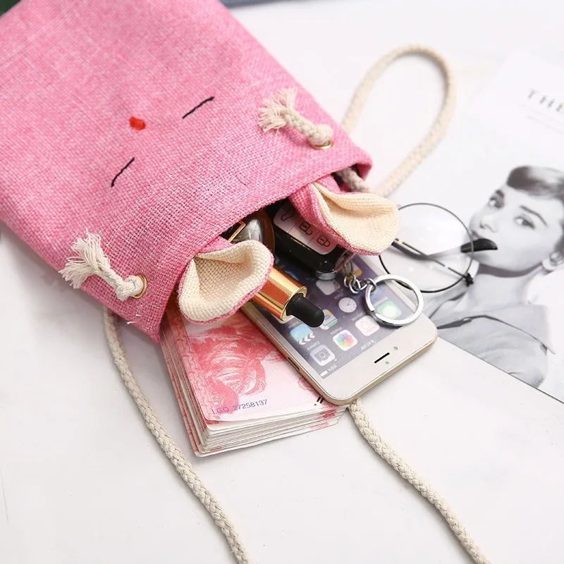 Linen Rabbit Cotton Messenger Bags for Women Cute Strap Shoulder Bag Girls Small Casual Handbag Crossbody Ladies | Багаж и сумки