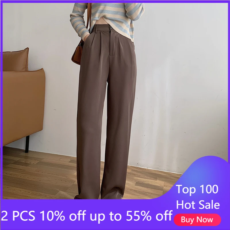 

Женские брюки с широкими штанинами на весну и осень, женские Костюмные брюки с высокой талией, прямые брюки для отдыха 91804 #