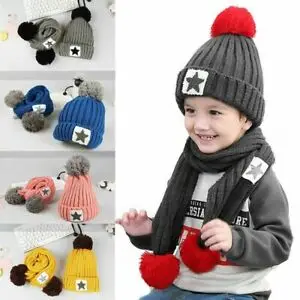 

Kids Girls Boys Hats and Scarves Winter Warm Hat with Scarf Fleece Lining Set