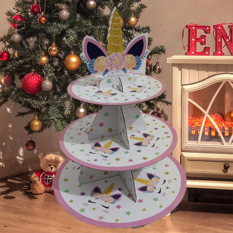 3 яруса подставка для торта круглый розовый Золотой Единорог Дисплей Держатель