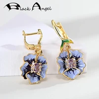 black angel 925 sterling silver clip earrings for women 18k gold purple handmade enamel sunflower wedding jewelry dropshipping
