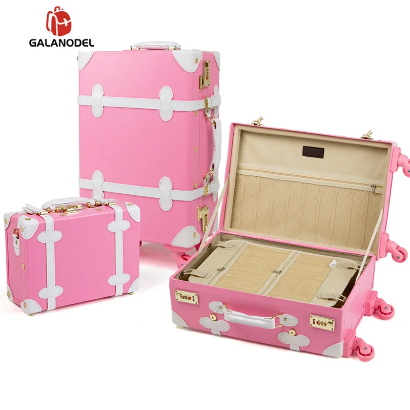 20/24/26 Inch Rolling Luggage Set Women Suitcase on Wheels PU Leather Pink Fashion Retro Trolley Cabin with Wheel Girls | Багаж и сумки