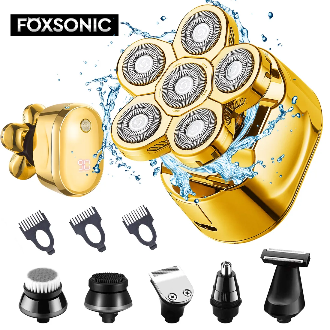 Barbeador para Homem 6 em 1 Foxsonic Novo Estilo Recarregável Barbeador Elétrico 6 Cabeças Flutuantes Calvo Grooming Kit 2021