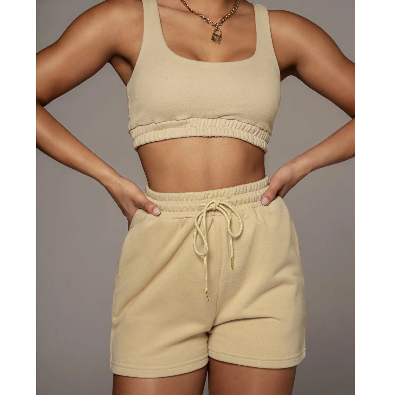 

Two Piece Sets For Women Tracksuit Crop Tops Solid Color Casual Drawstring Suit Elastic Bike Shorts Sporty Matching Suits Female