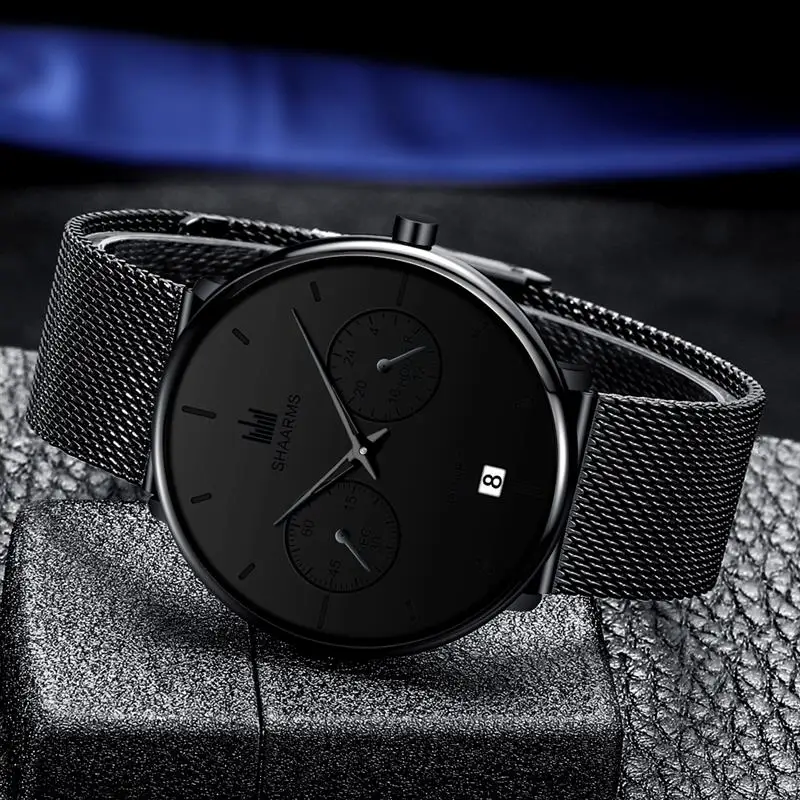 Мужские высококачественные ультра тонкие кварцевые часы из нержавеющей стали с